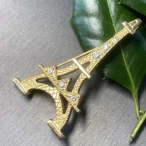 Authentic Vintage Eiffel Tower Paris Crystal Brooch Estate Jewelry Pre-Owned Gold Plated