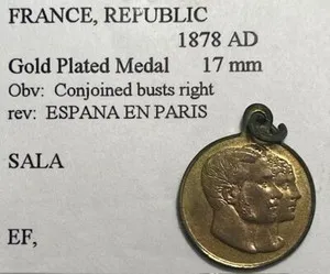 Authentic FRANCE - España en Paris - Gold-plated Charm - 1878 - 17mm - Conjoined Busts!