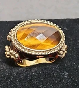 Authentic ANGELIQUE DE PARIS Gold Plated Sterling Silver And Brown Resin Tiger Eye Ring, 7