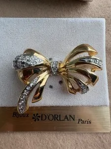 Authentic Vintage D'Orlan Paris Signed Bow Brooch 22k Gold Plated Swarovski Crystal Pin