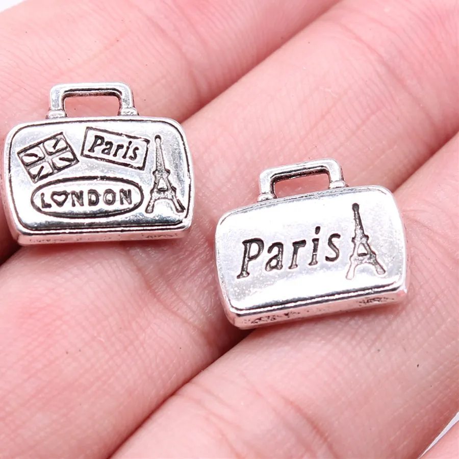 Authentic WYSIWYG 5pcs 16x14mm Antique Silver Color Tourist Souvenirs Paris London Luggage Bags Charms Pendant For DIY Jewelry Making