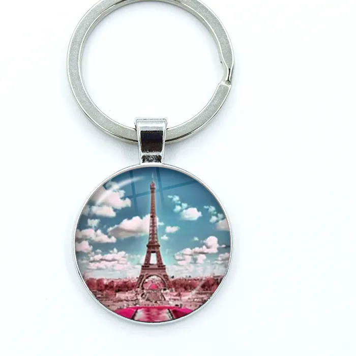 Authentic Romantic Paris Eiffel Tower Key Chains Art Lady Wander Drawing Design Glass Pendant Keychain Keyring Bag Jewelry