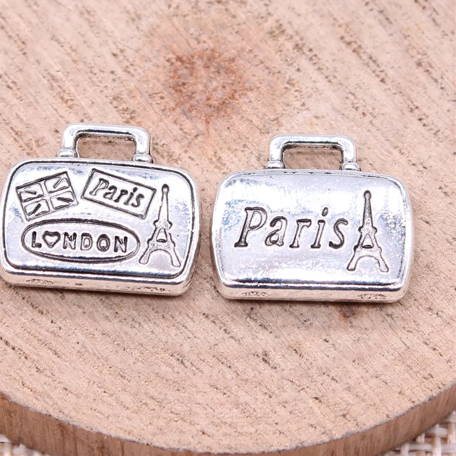 Authentic 10pcs 16x14mm(0.63x0.55inch) Antique Silver Color Tourist Souvenirs Paris London Luggage Bags Charms Vintage DIY Findings