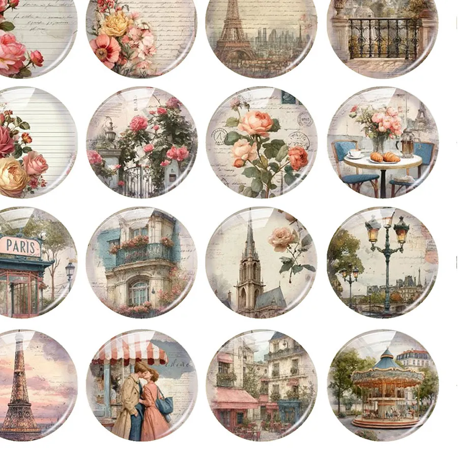 Authentic Random Mixed Round/Oval/Square Vintage Paris Travel Letter Rose Photo Glass Cabochon Flatback Demo Cameo For Diy Jewelry Making