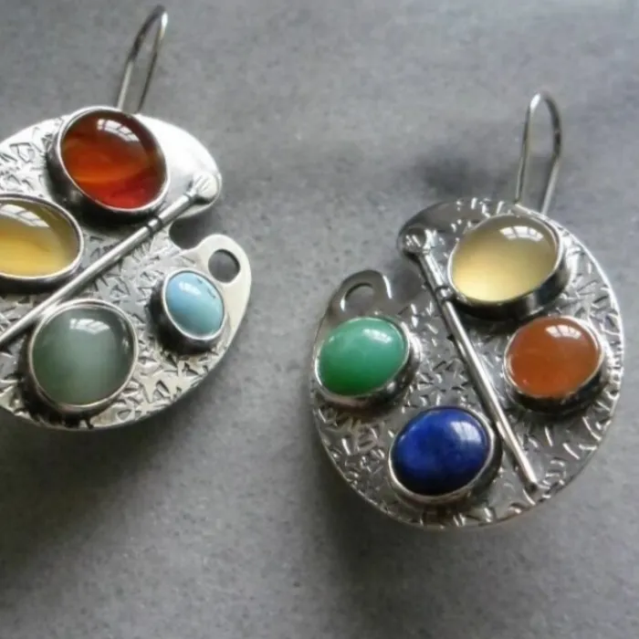 Authentic Ethnic Silver Color Geometry Inlaid with Multicolored Stones Dangle Women's Earrings Party Earrings Woman Vintage Jewelry