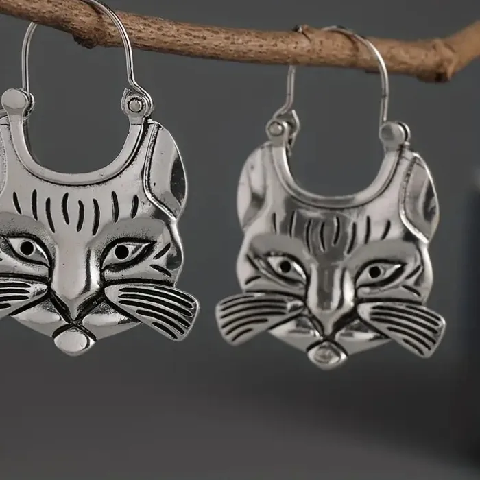 Authentic Vintage Cat Earrings Simple Silver Color Metal Dangle Earrings for Women Jewelry