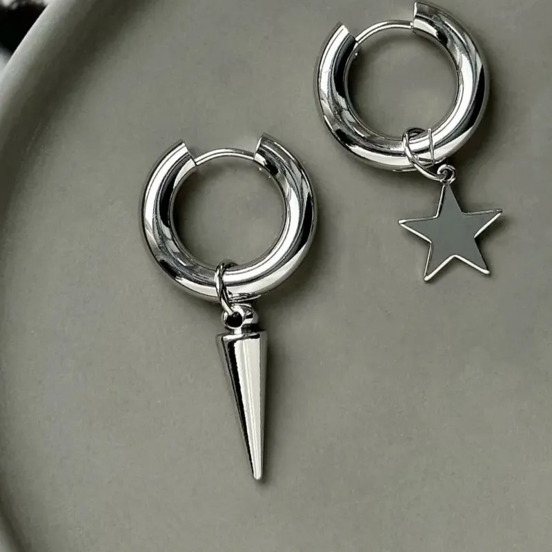 Authentic Punk Asymmetric Pentagram Hoop Earrings Girls Circular Ear Buckle Jewelry Accessories