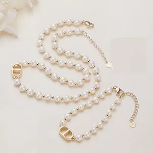 Authentic Freshwater Pearl Necklace Bracelet Set Gold Plated Beaded Jewelry for Women