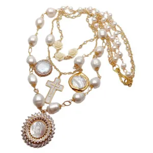 Authentic 20" Freshwater White Rice Pearl Gold Plated Chian Layers Necklace Shell Pendant