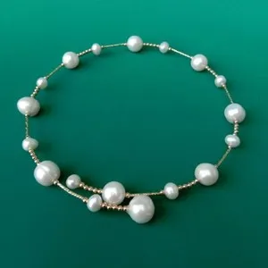 Authentic Freshwater Cultured White Potato Pearl Gold Plated Beads Choker Necklace