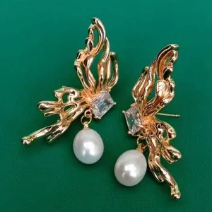 Authentic Cultured White Rice Pearl Gold Plated Butterfly Shape Stud Earrings Women