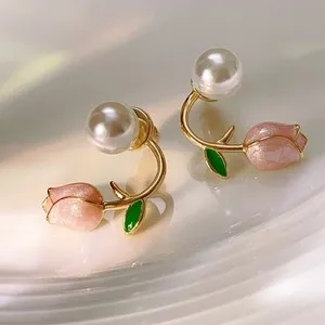 Authentic Dainty Tulip Pearl Stud Earrings 18K Gold Plated Sterling Silver Post