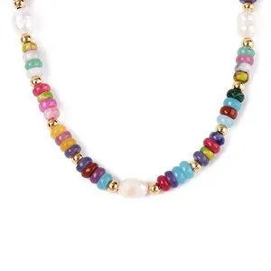Authentic Chain Necklace Agate Gold Plated Rondelle Pearl Beaded 15.94 in Women N142