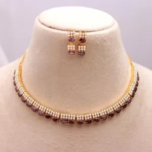 Authentic 22k Gold Plated Pearl Tennis Necklace Earrings Set, Amethyst Birthstones jewelry