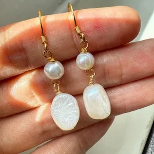 Authentic Natural Freshwater Pearl Earrings 14K Gold Plated Handmade Baroque Drop Jewelry