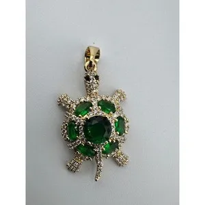 Authentic 14k Gold Plated Emerald Green Crystal Turtle Pendant Sea Life Charm Jewelry