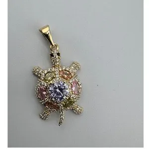 Authentic 14k Gold Plated Turtle Pendant Multi Color Cubic Zirconia Sea Life Jewelry
