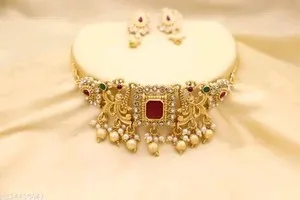 Authentic South indian jewellery gold plated choker Necklace jewellery set wit earrings