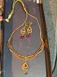 Authentic Traditional Indian Costume Jewelry Set - Antique Gold Plated Necklace & Earrings