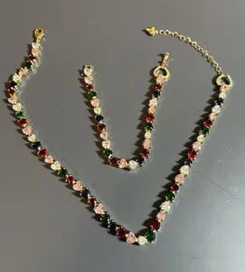Authentic Heart of Abundance: 14K Gold Plated Multicolor Heart Tennis Necklace & Bracelet Set