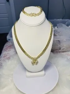 Authentic Gold Plated Rhinestone Butterfly Necklace & Bracelet Matching Jewelry Set