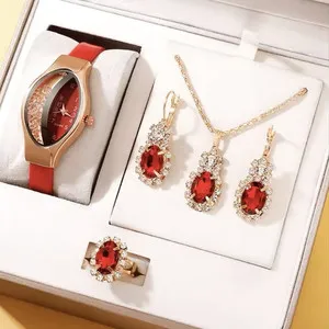 Authentic Gold Plated Red Oval Crystal Jewelry Set Necklace Ring Earrings