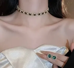 Authentic Rhinestone 18K Gold Plated Necklace and Earrings Set # 0005 Velvet Box Included.