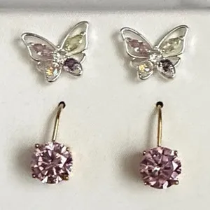 Authentic Cubic Zirconia Butterfly Earrings Set, Gold Plated Pink CZ Studs & Dangles