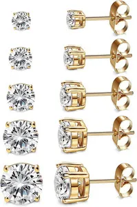 Authentic Kainier Women's 14K Gold Plated CZ Stud Earrings Set - 5 Pairs