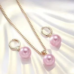 Authentic 3pcs Gold Plated Pink Pearl Necklace and Earrings Set # 0010 Box Included.