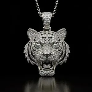 Authentic Tiger Face Men's Pendant 3.50Ct Round Cut Real Moissanite 14K White Gold Plated