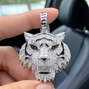 Authentic Men's 2.35Ct Round Cut Moissanite Tiger Face Pendant 14K White Gold Plated