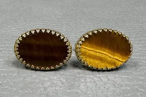 Authentic Vintage Tiger's Eye Yellow Gold Plated Cuff Links