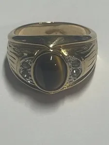 Authentic Vintage Men's 18K HGE Gold Plated Tiger's Eye Signet Ring CZ Accents Size 9.5
