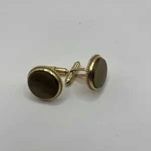 Authentic Vintage Tiger's Eye Yellow Gold Plated Cuff Links by Krementz