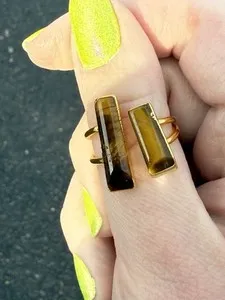 Authentic Gold Plated Double Rectangle Tiger’s Eye Ring Adjustable Handmade Natural Stone