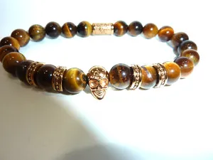 Authentic Genuine Tiger’s Eye Gold Plated Skull Beaded Bracelet