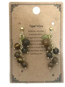 Authentic 18K gold plated Earrings- Tiger's Eye- round beads- leaf- brown- post back