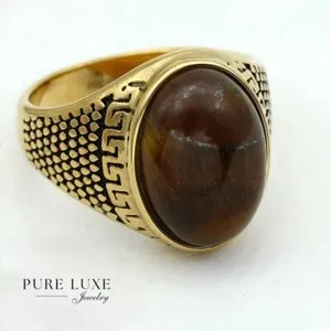 Authentic Men's Brown Tiger's-eye,Rings #8 9-13 Gold plated Box