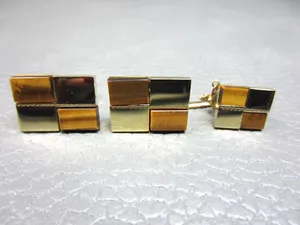 Authentic Vintage Tiger's Eye Yellow Gold Plated Cuff Links with Tie Tack