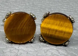 Authentic Vintage Tiger's Eye Yellow Gold Plated Cuff Links