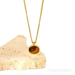 Authentic 18k Gold Plated Waterproof Gold Necklace with an Oval Natural Tiger's Eye Stone