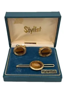 Authentic Vintage Stylist Tiger's Eye Yellow Gold Plated Cuff Links & Tie Clip Box