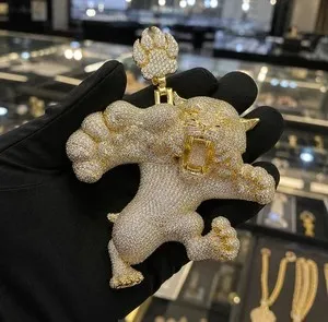 Authentic Yellow Gold Plated Silver 5.20Ct Round Cut Moissanite Angry Tiger Men's Pendant