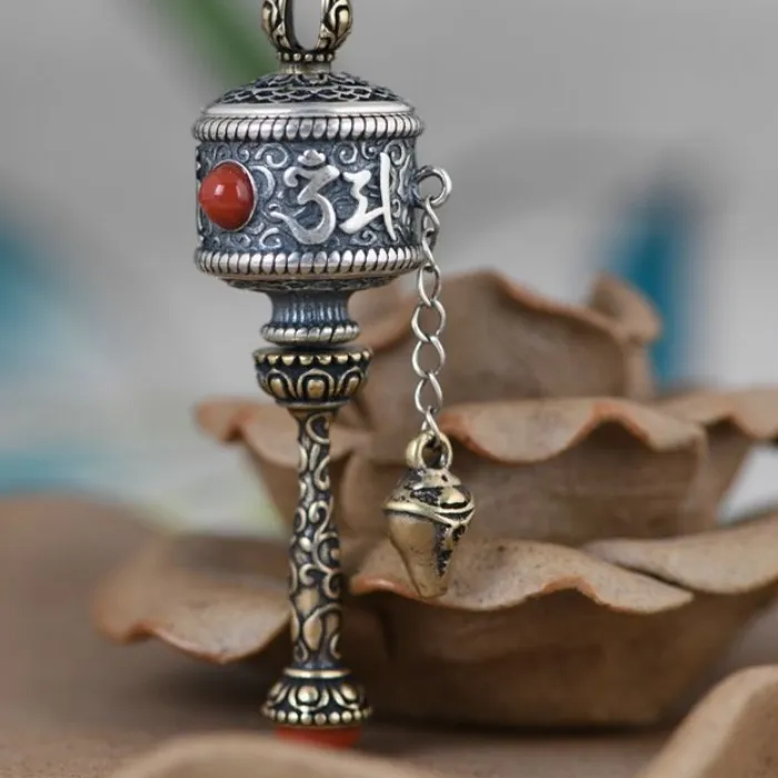 Authentic Blessing Om Mani Padme Hum Prayer Wheel Pendant Male Sweater Chain Retro Six Character Great Bright Mantra Amulet Necklace Men