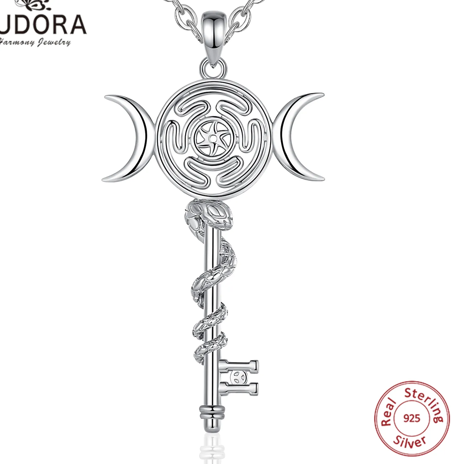 Authentic Eudora 925 Sterling Silver Hekate Wheel Necklace for Women Snake Key Triple Moon Goddess Pendant Witch Jewelry Personality
