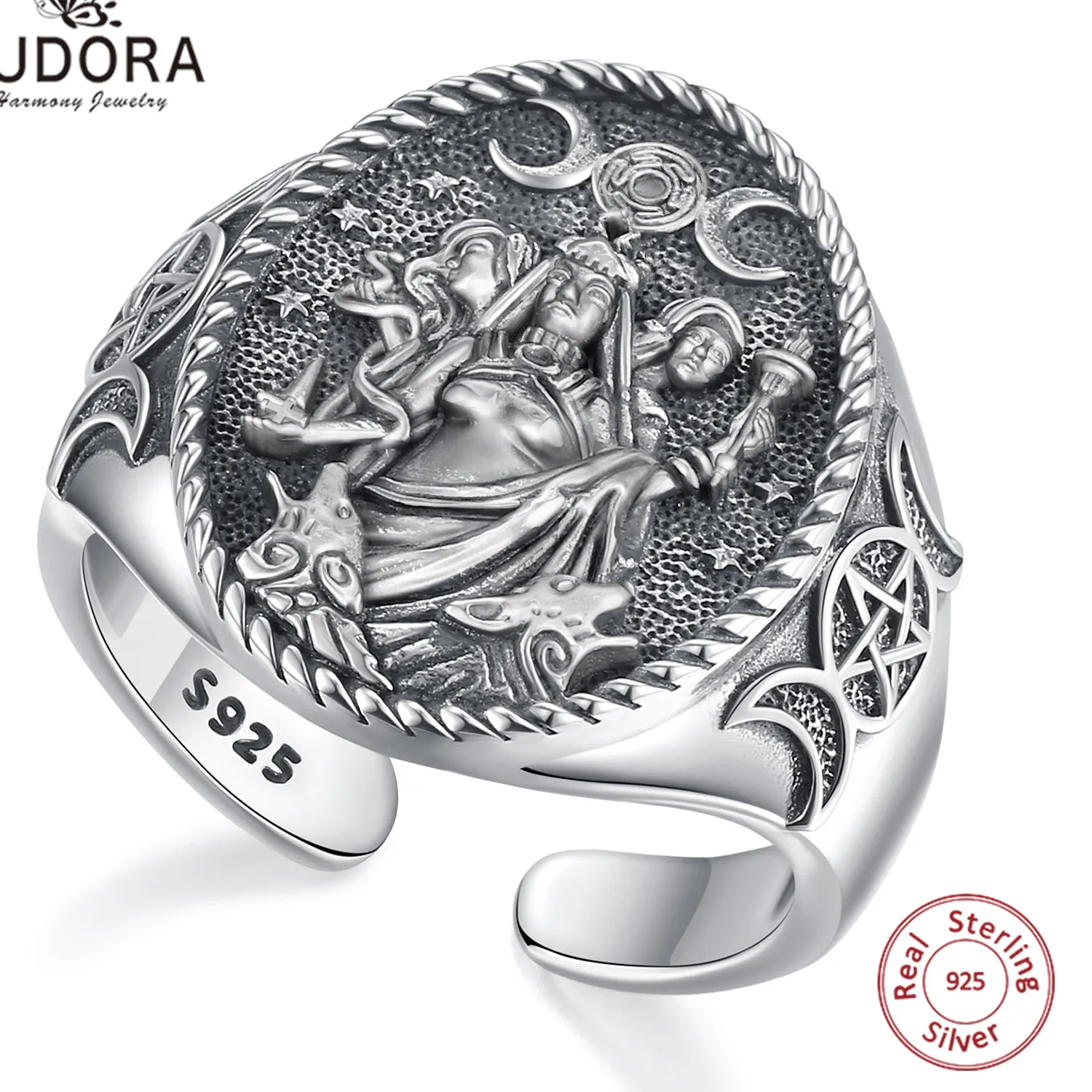 Authentic Eudora 925 Sterling Silver Triple Moon Goddess Adjustable Ring Dog Hecate Amulet Ring Triple Goddess Jewelry for Women Man