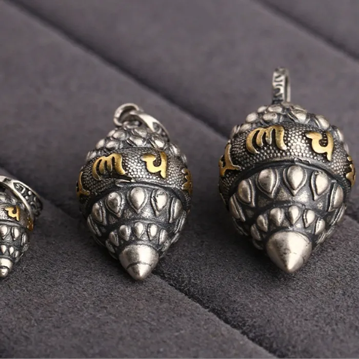 Authentic 100% 925 Silver Tibetan Conch Shell Charm 925 Sterling Buddhist OM Mantra Buddha Amulet