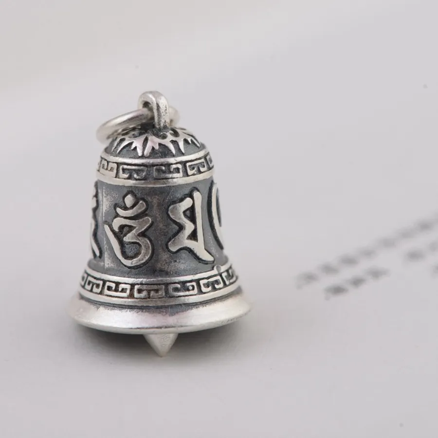 Authentic 100% 990 Silver Tibetan Six Words Bell Pendant vintage pure silver Buddhist OM Mantra Bell Pendant Good Luck Amulet