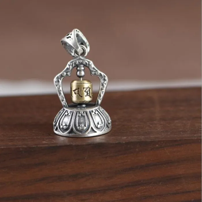 Authentic Real 925 Silver Tibetan Bell Pendant vintage pure silver Buddhist OM Mantra Prayer Wheel Good Luck Amulet